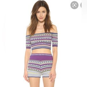 Ronny Kobo Jordani purple tribal print off shoulder top & shorts set XS Small